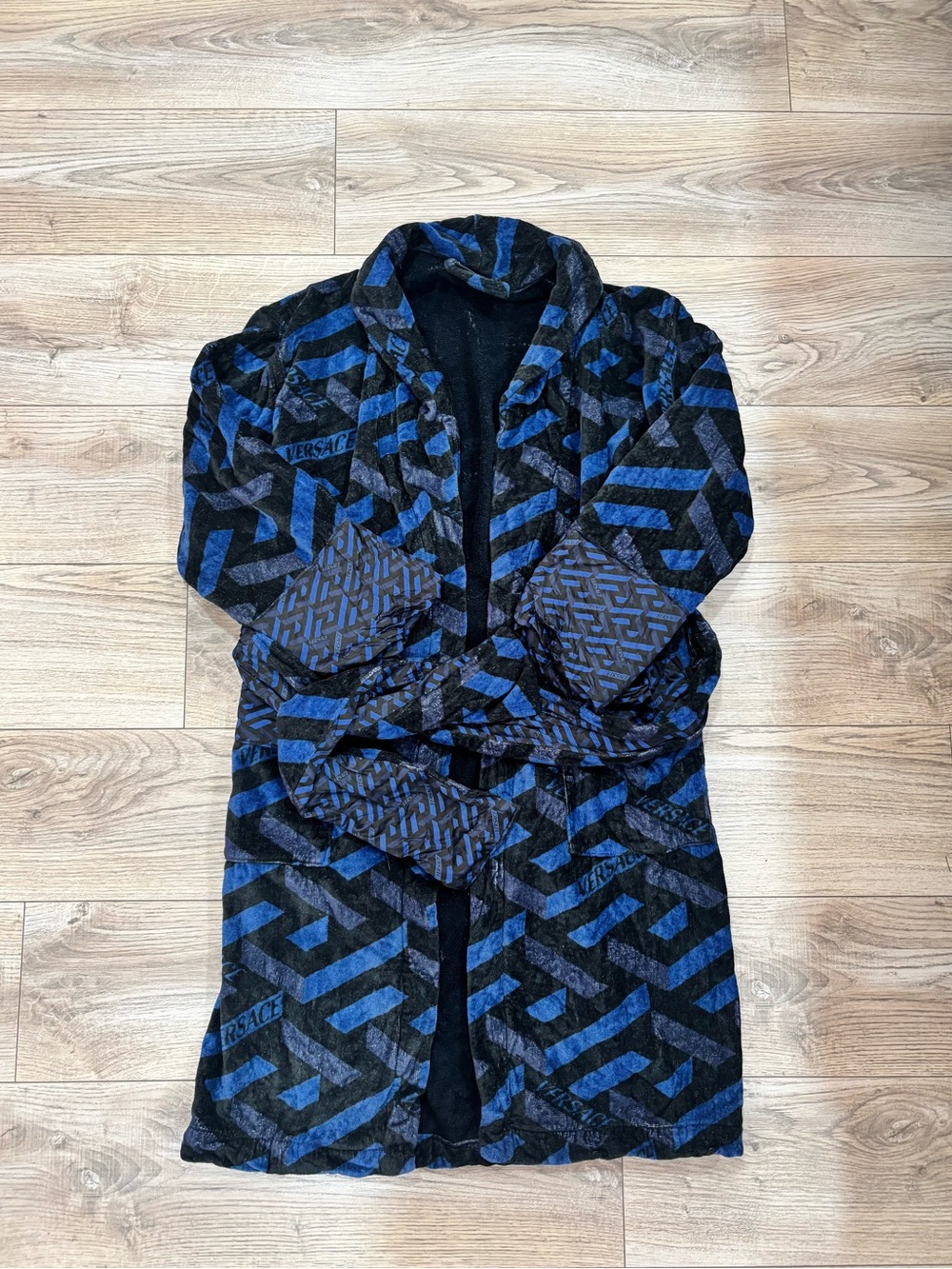 Versace Home Blue Black Logo Print Bathrobe Robe Size M
